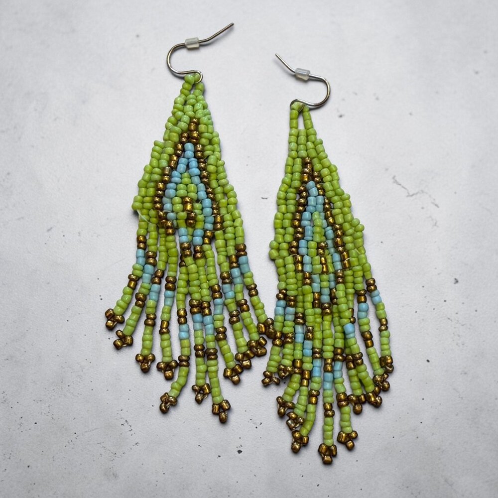 Handmade Beaded Drop Earrings With Green & Blue Tribal Pattern Framed Display - Picture 6 of 8